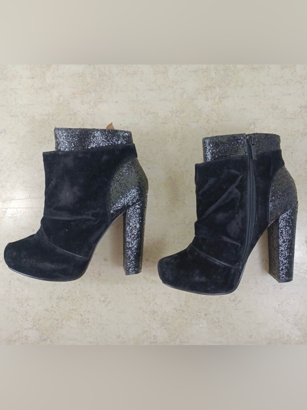 Women's Black Velvet Ankle Booties with Glitter Trim - Picture 3 of 12